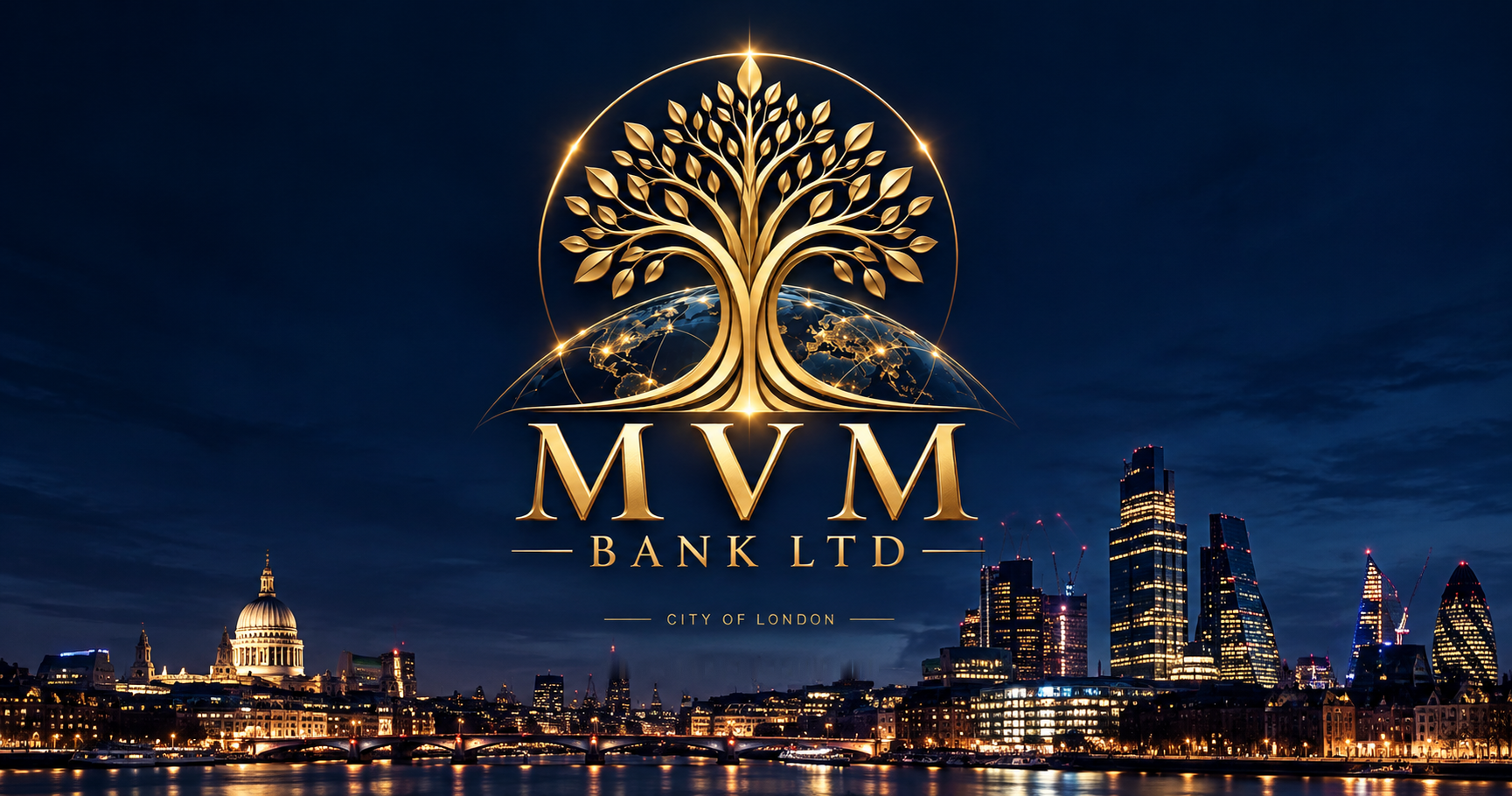The golden MVM Bank Ltd Tree of Life emblem rising above an illuminated globe, over the London skyline and the Thames at night